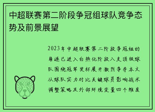中超联赛第二阶段争冠组球队竞争态势及前景展望